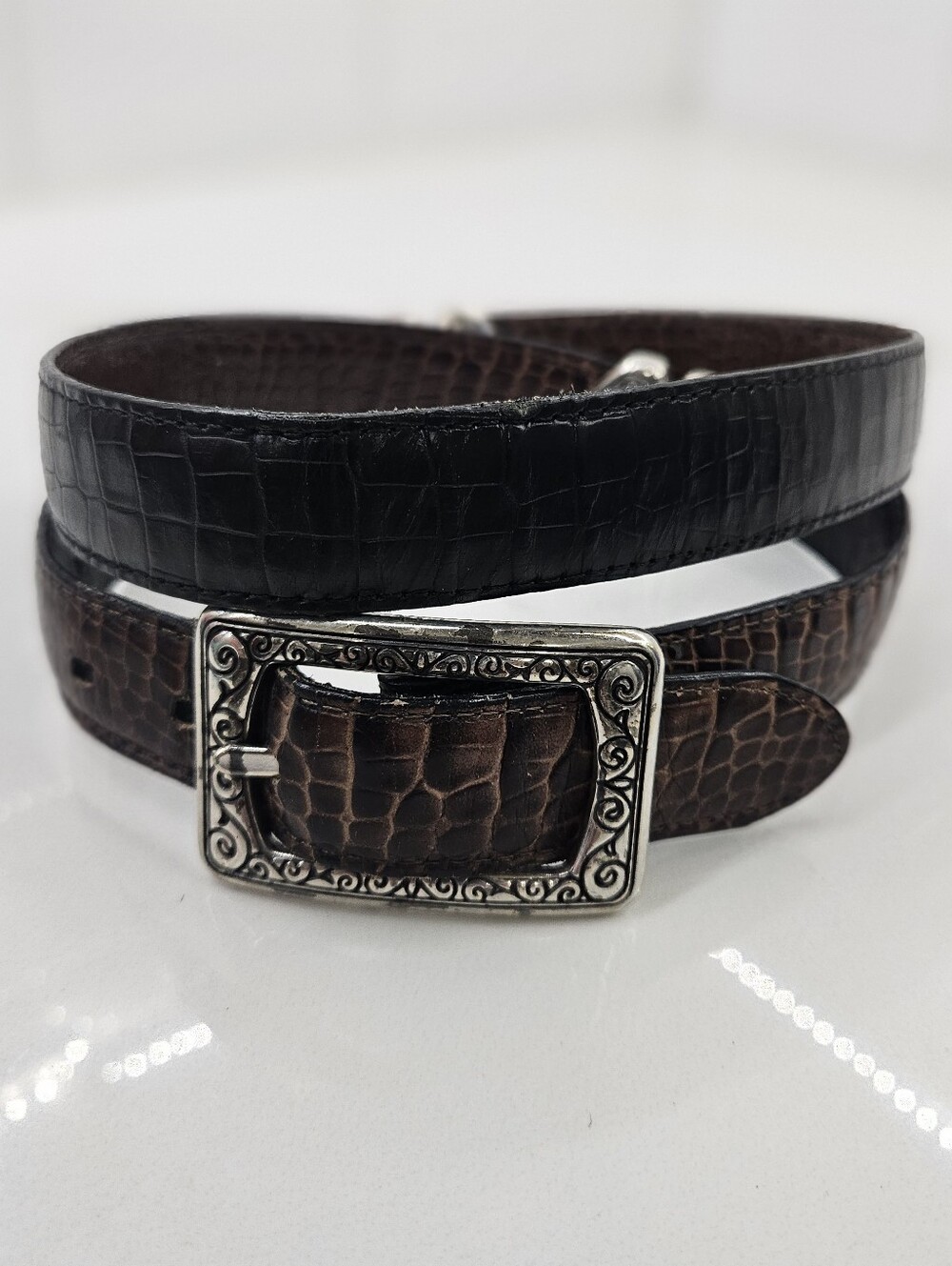 Brighton Reversible Black Brown Croc Embossed Leather Belt M/L 32 Silver Buckle
